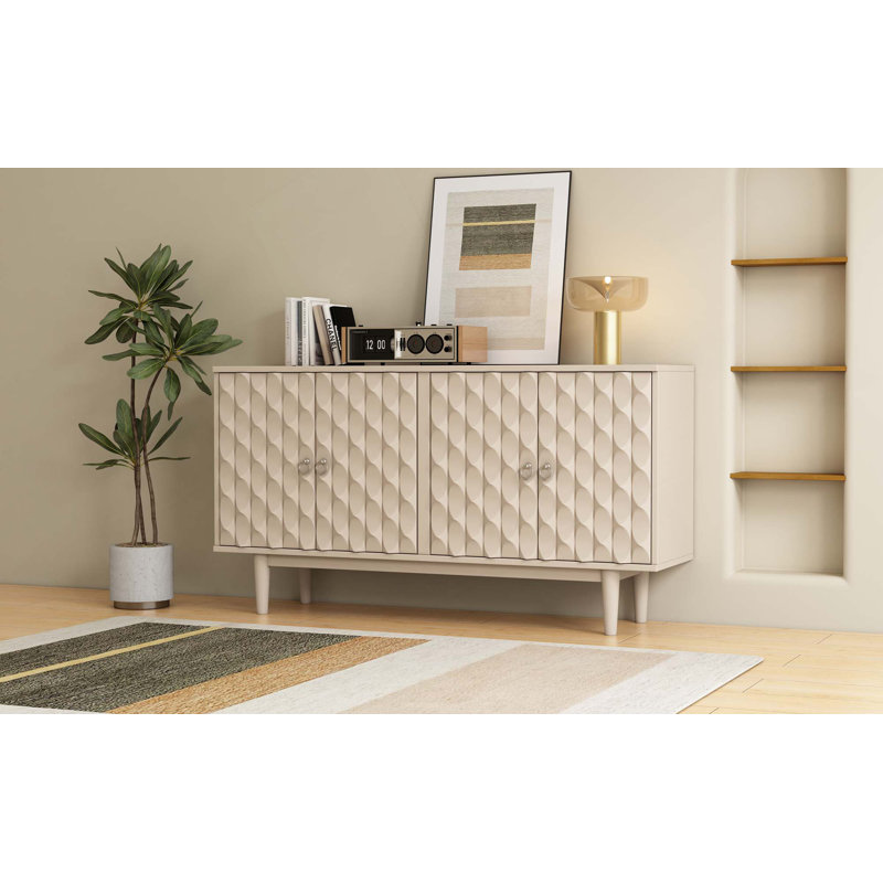 Buffet moderne à 4 portes avec portes à motif convexe et 2 poignées, Amande