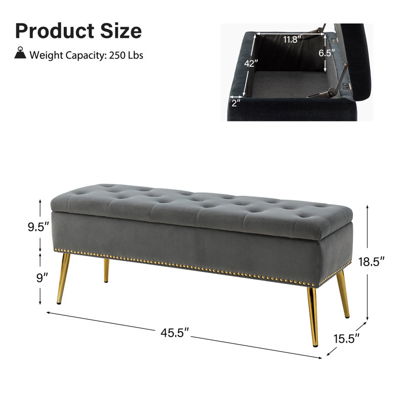 Banc de rangement rembourré en velours Kajana, Velours gris velours