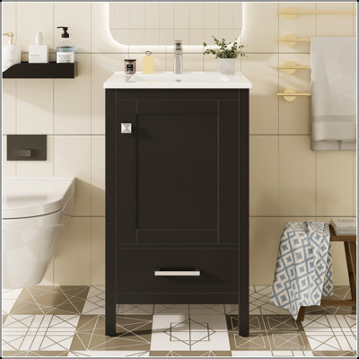 20-Inch Modern Bathroom Vanity With Ceramic Sink, Soft-Close Drawer & Door, Double-Layer Door Organizer, Divider Drawer, Adjustable Foot Pads – Space-Saving Storage Design