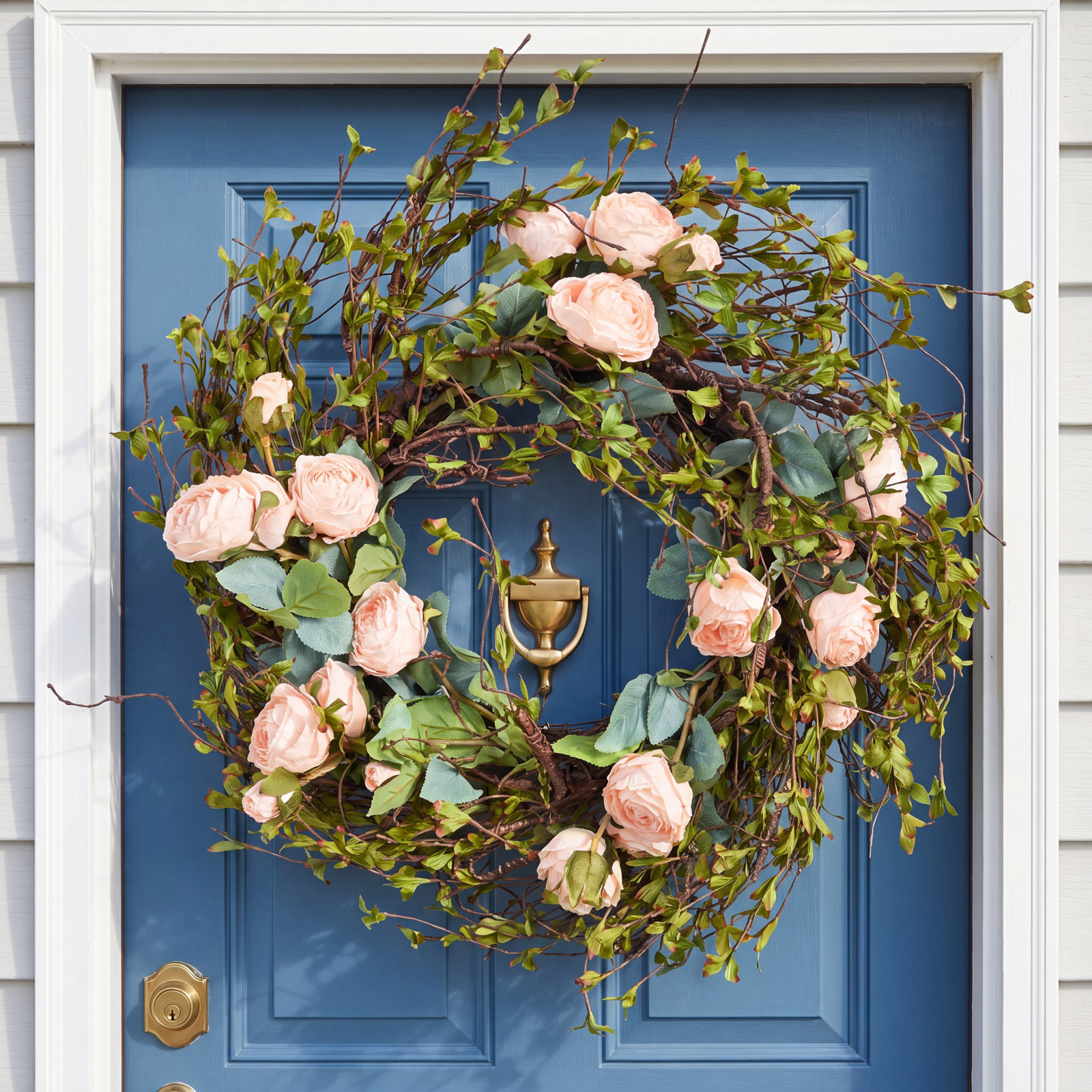 24" Artificial Farmhouse Spring Summer Rose Floral Wreath For Front Door Greenery Twig Home Wedding Party Wall Decor, Cream