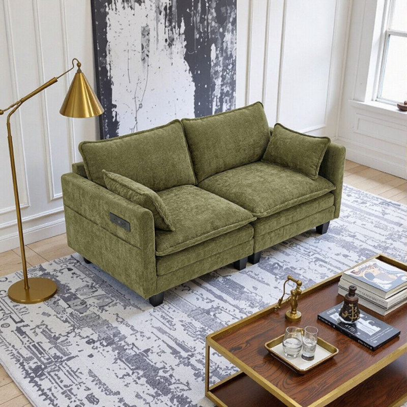 Canapé moderne en chenille vert moderne - canapé compact à 2 places avec deux ports de chargement USB et poches latérales, parfait pour les petits espaces
