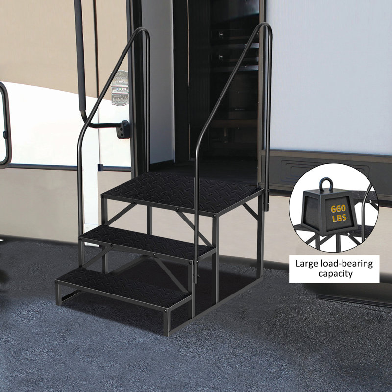 RV Steps with 2 Handrail, 3 Steps Mobile Home Ladder