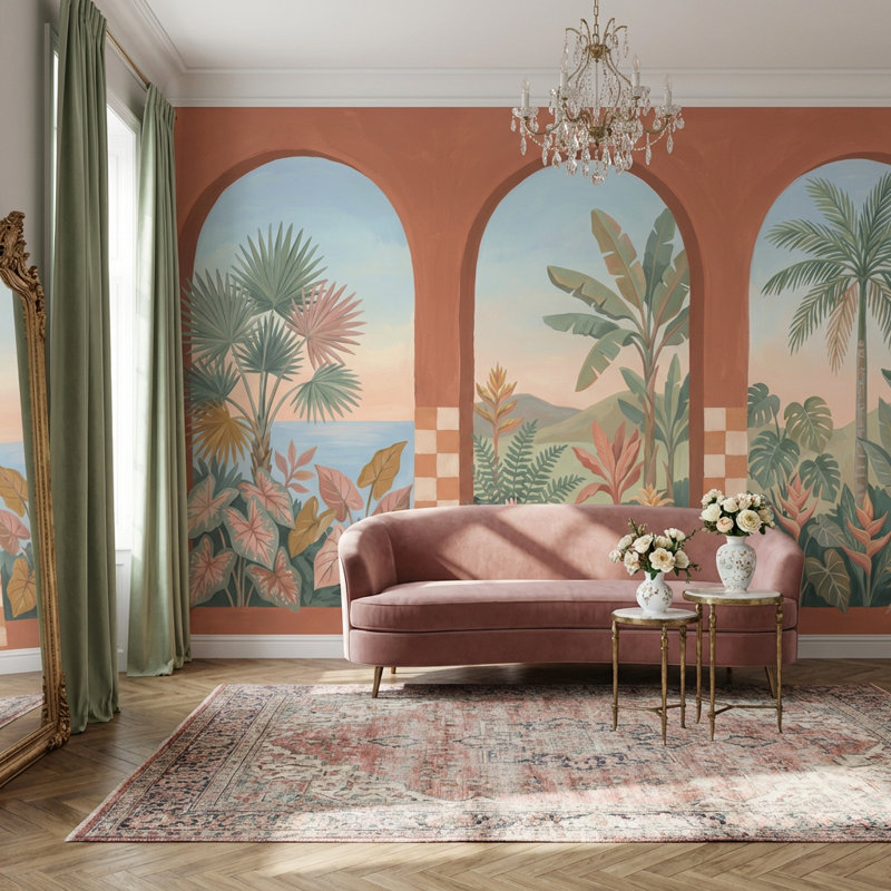 Décoration murale murale arquée de style tropical, 100 po x 96 po, Peler et coller