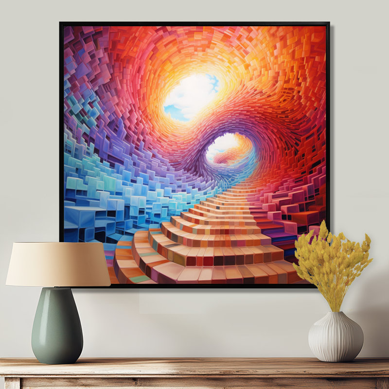 «Stairs To Rainbow Infinity», paysage abstrait, art mural, H 16 po x l 16 po, Black Floater Framed