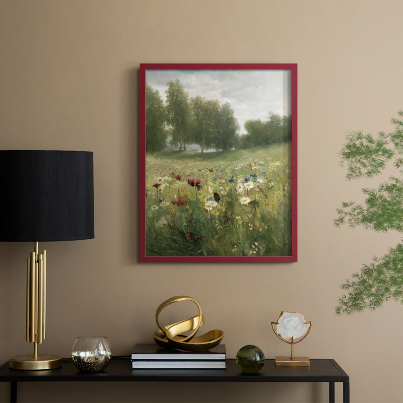 Reproduction florale rétro avec encadrement Ccc - bois massif, H 21 po x l 17 po, Rouge