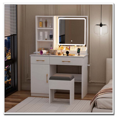 Makeup Vanity Desk with LED Lights, Power Outlet, 3 Lighting Modes and Storage Stool