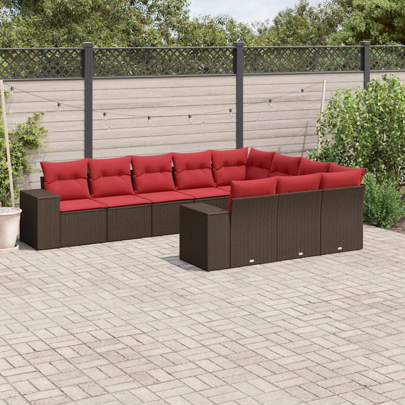 11 Piece Patio Sofa Set With Cushions Poly Rattan, Red Cushion/Brown Frame