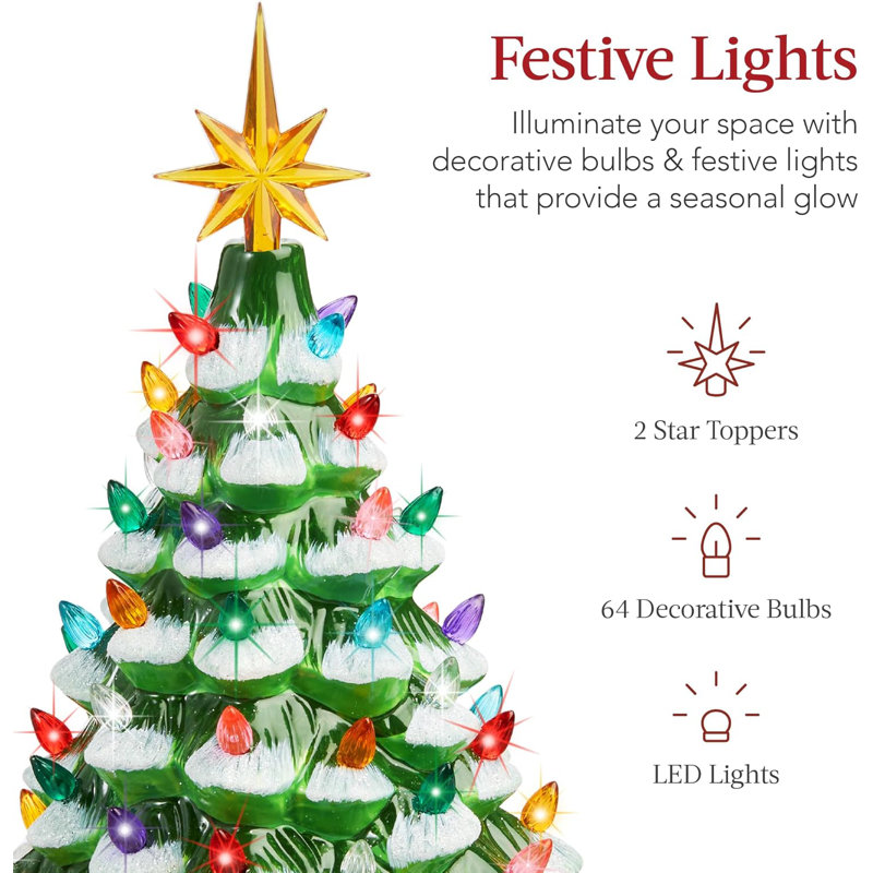 Arbre de Noël 15 po en céramique, arbre de Noël de table pré-éclairé peint à la main, 2 étoiles, 64 lumières - floqué avec ampoules multicolores