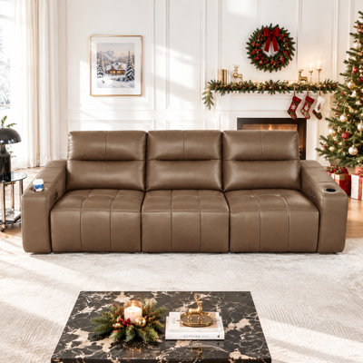 Canapé d'angle inclinable électrique double en cuir véritable de 113,4 pouces, design zéro gravité près du mur, avec ports USB et porte-gobelets