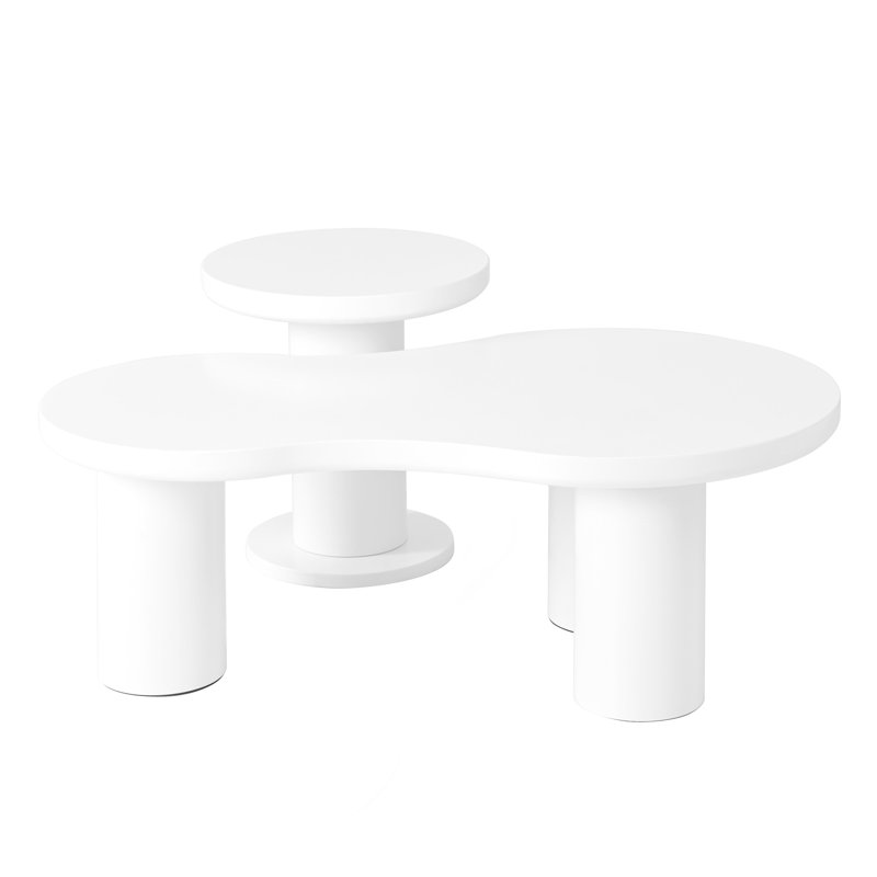 Easy Assembly Nesting Coffee Table Set Of 2, Cream Style Cloud Coffee Table With Round Small Side Table,  Irregular Center Table With Thick Legs For Living Room, White