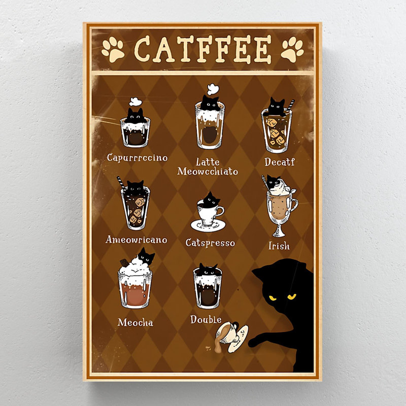 «Black Cat And Some Types Of Coffee - Catffee», reproduction d'art graphique sur toile tendue, H 36 po x l 24 po x P 2 po