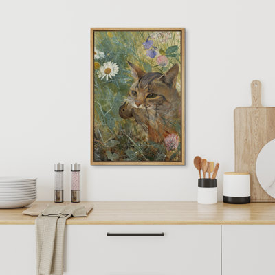 Chat portant un oiseau dans l'herbe, œuvre d'art de chambre à coucher, décoration murale de salon