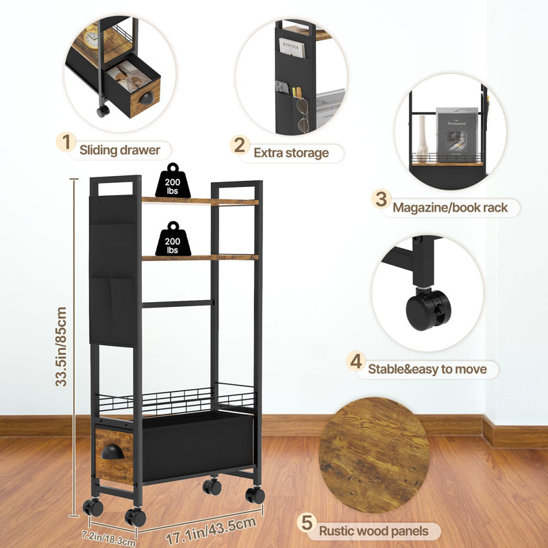 Narrow Skinny Bedside Table Nightstand With Drawers&Wheels, Slim Table Stand Magazine Rack With Storage Bag (Rustic)