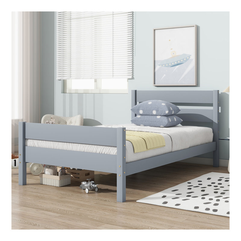 Lit simple avec tête et pied de lit, lit en bois d'hévéa, gris