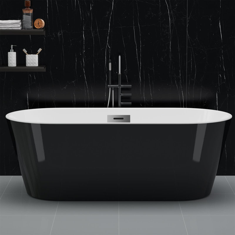 67'' x 31.5'' Freestanding Soaking Bathtub Acrylic Extra Large Tub Modern Black&White Stand Alone Bathtub with Chrome Drain & Overflow for Bathroom