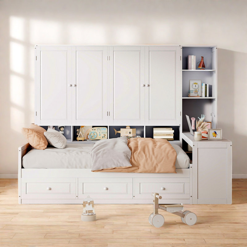 Wooden Daybed With Three Drawers, All-in-one Cabinet, Desk And Shelves, White, Full / Double