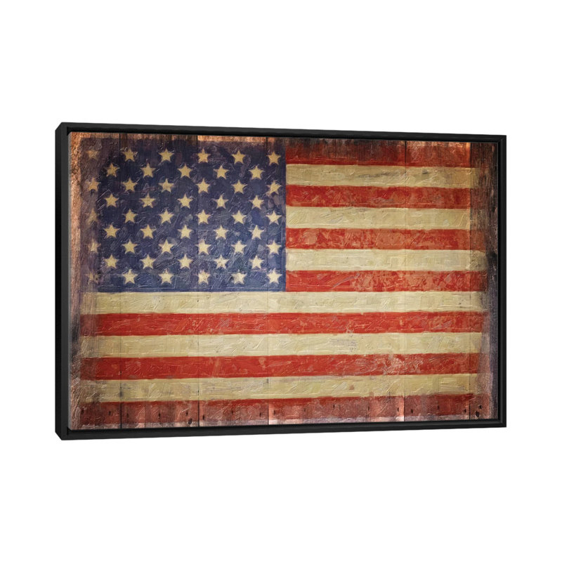 « rétro flag on barnwood », peinture sur toile, Toile avec cadre noir, H 32 po x l 48 po x P 1,5 po