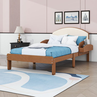 Wood Platform Bed with Curved Upholstered Headboard and Side Storage Shelves