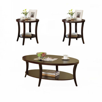 Oval Wood Top Coffee Table  Set With Floor Shelf