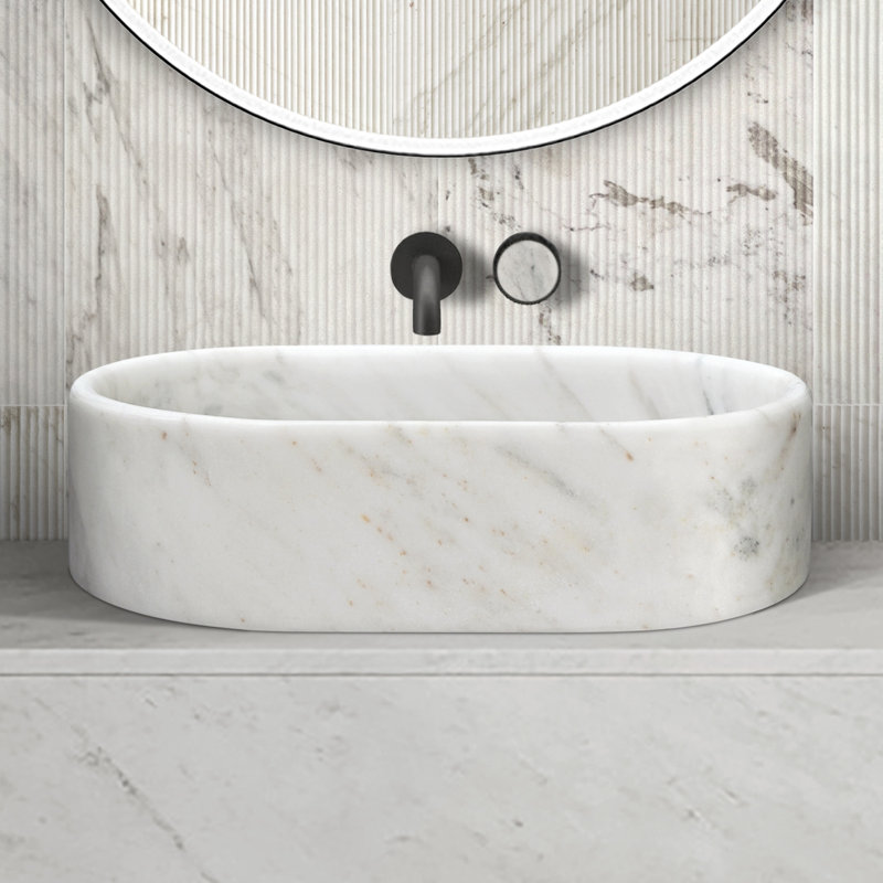 Lavabo vasque de salle de bain en marbre naturel, 600 x 400 x H 150 mm, aspect unique avec imperfections, lavabo ovale blanc de qualité pour la salle de bain, surface lisse, éléments de design luxueux