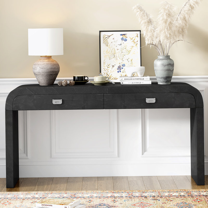 Console 60 po en bois de ronce, canapé d'entrée moderne avec 2 tiroirs pour vestibule, salon et couloir, Noir