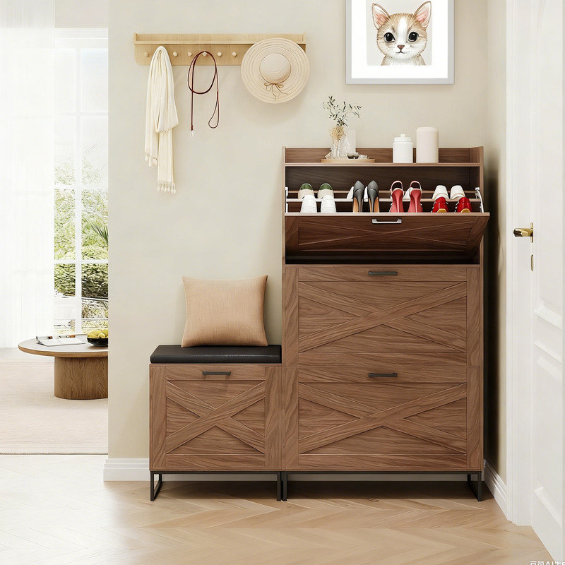 Narrow Shoe Cabinet with Bench for Entryway, Hidden Shoe Storage with 4 Flip Drawers, Wooden Organizer Cabinet with Farmhouse Doors