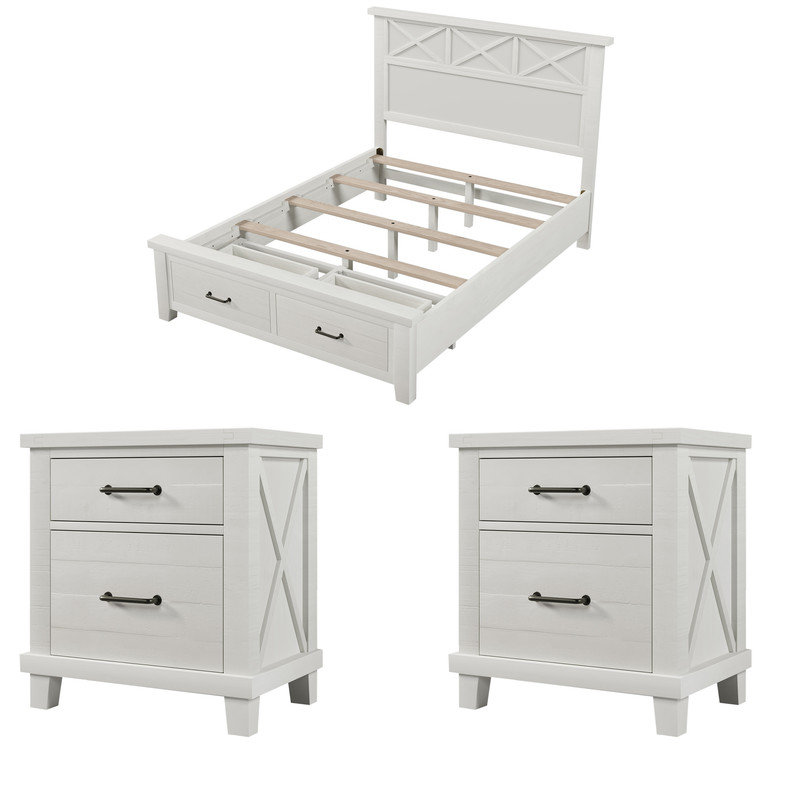 Winston Porter Roise 3 Pieces Bedroom Sets Whitewash Queen Bed with 2