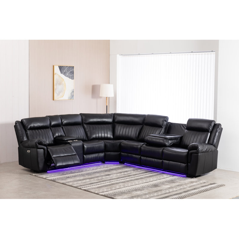 Arvard Faux Leather Power Reclining L-Shaped Sectional Left Hand Facing, Black Faux Leather