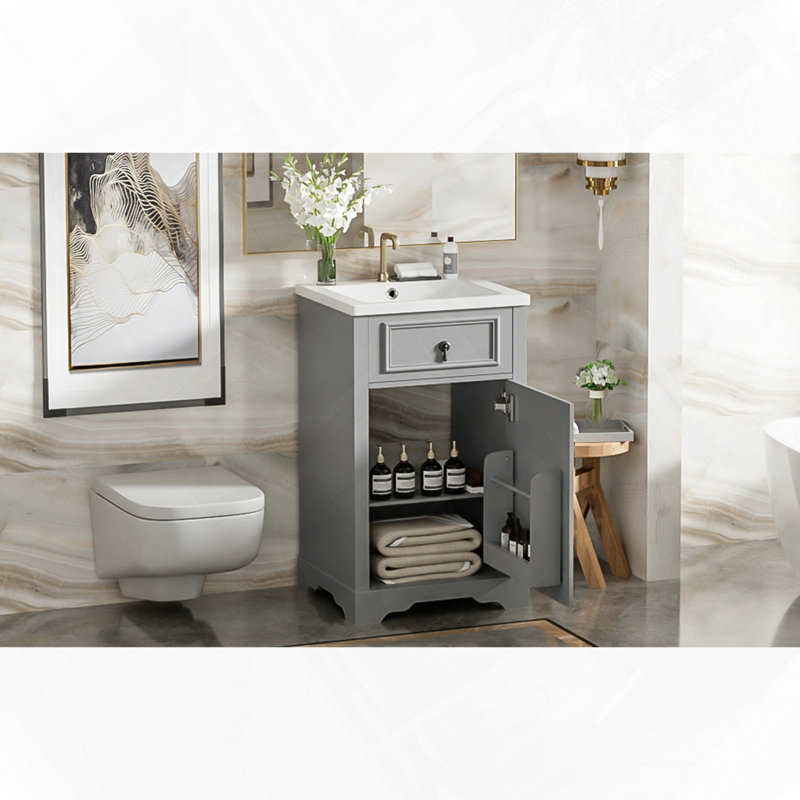 Meuble-lavabo de salle de bain avec lavabo en céramique et porte à fermeture en douceur, Gris