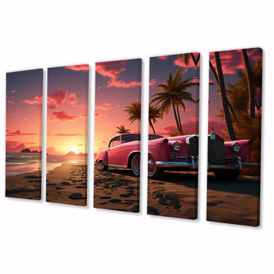 Pink Cadillac On The Beach At Sunset I - Car Old American 5 Piece Wall Art Decor Set