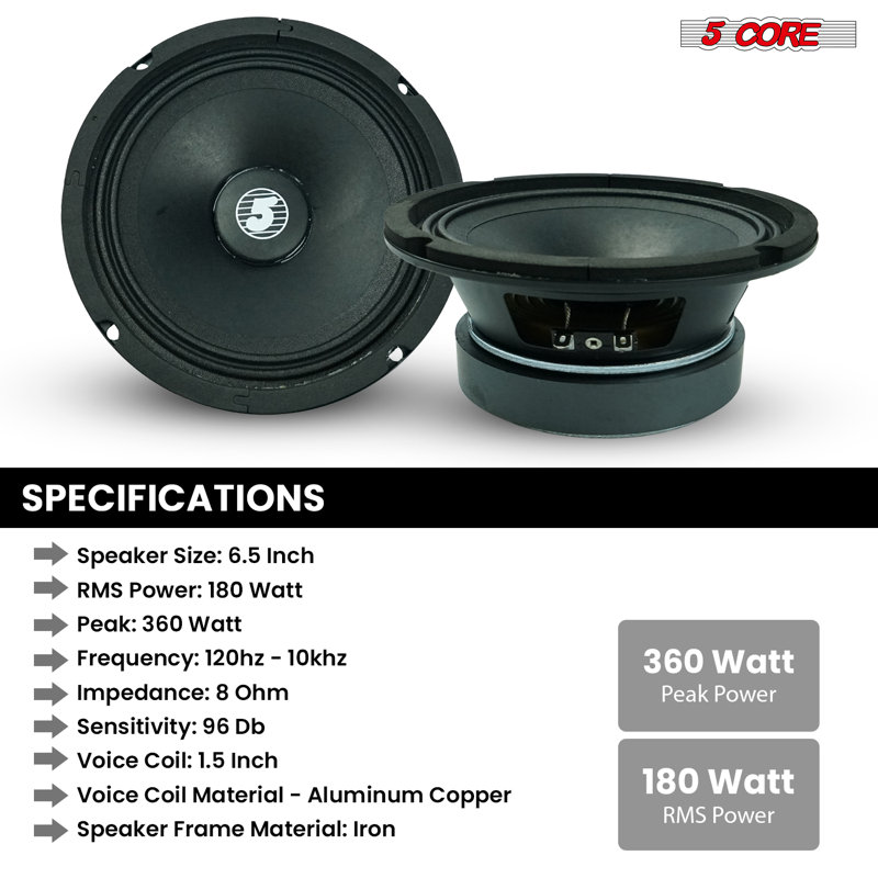 5 haut-parleurs de voiture 6,5 "de milieu de gamme avec amplificateur de son 360mm 8 Ohms 60w