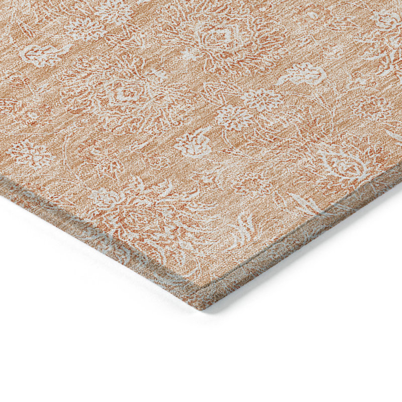 3' X 5' Peach And Ivory Floral Washable Indoor Outdoor Area Rug