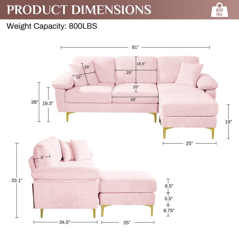91" Modern Snow Fleece L Shaped Sectional Sofa With Gold Metal Legs, Pink Polyester