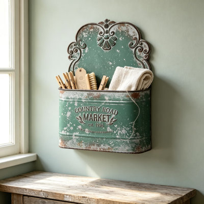 Metal Hanging Storage Basket, Wall-Mounted Organizer for Mail, Files, Flowers, Books and Accessories, Farmhouse Wall Decor for Entryway, Kitchen, Office and Indoor Outdoor Use