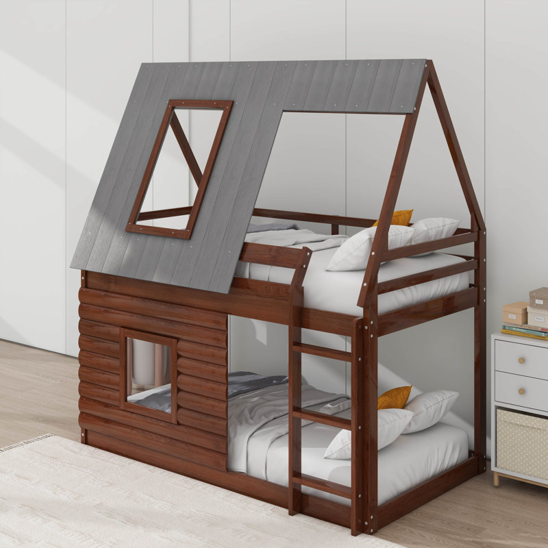Lit superposé simple en bois avec toit, échelle et fenêtres