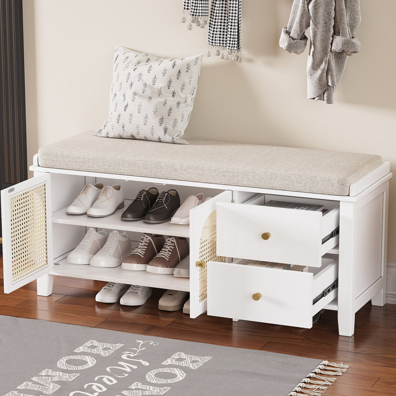 Shoe Storage Bench, Vintage Shoe Bench With Storage And Cushion, Shoe Bench With 2 Drawers And 2 Rattan Door, White