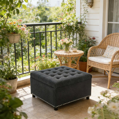 Square Black Tufted Storage Ottoman With Nailhead Trim - Upholstered Footstool & Coffee Table For Living Room & Bedroom