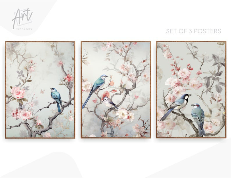 Impression de chinoiserie 3 pièces, Affiche non encadrée, H 24 po x l 54 po