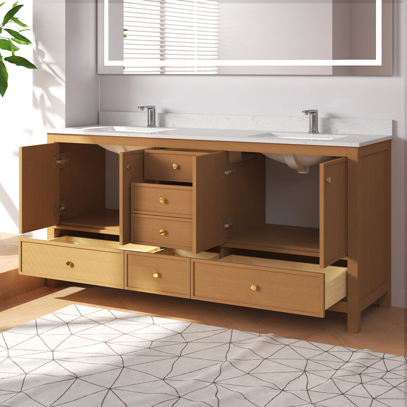 Aura 72'' Fully Assembled Double Bathroom Vanity With White Granite Countertop, Freestanding Bathroom Vanity, Brown, 71.81"