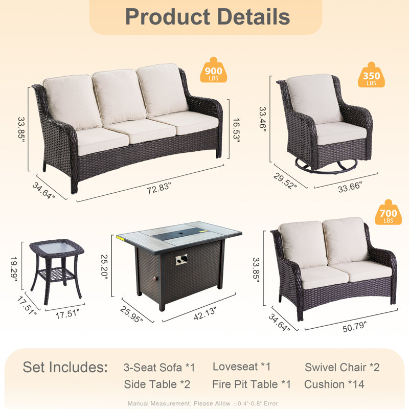 Ensemble de conversation d'extérieur pour 7 personnes avec coussins, Beige, Brun