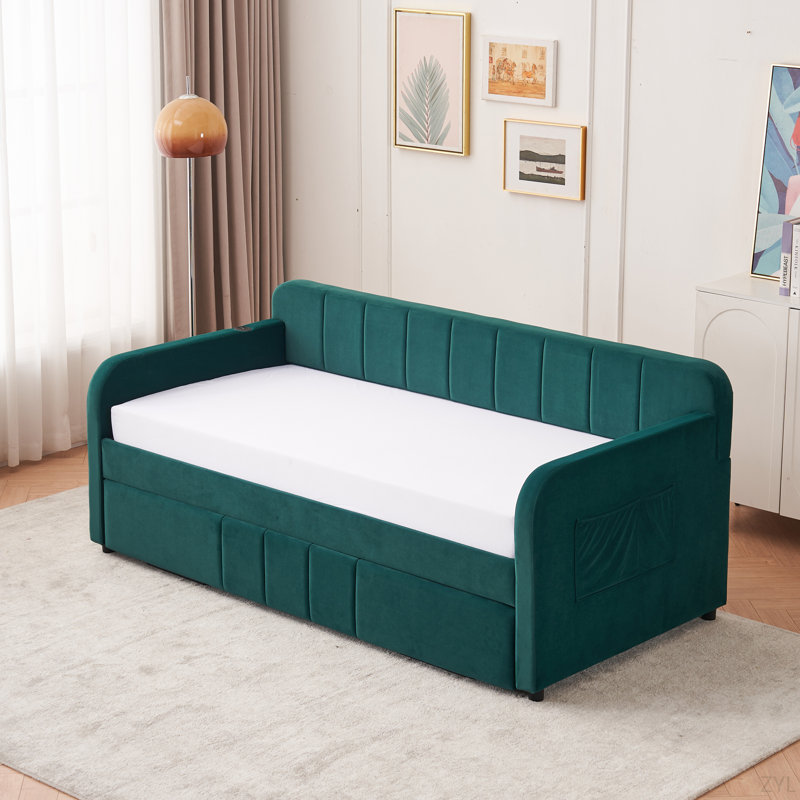 Twin Upholstered Daybed Frame With Trundle, Twin Size Sofa Bed For Bedroom Living Room Guest Room, Wood Slat Support,Emerald