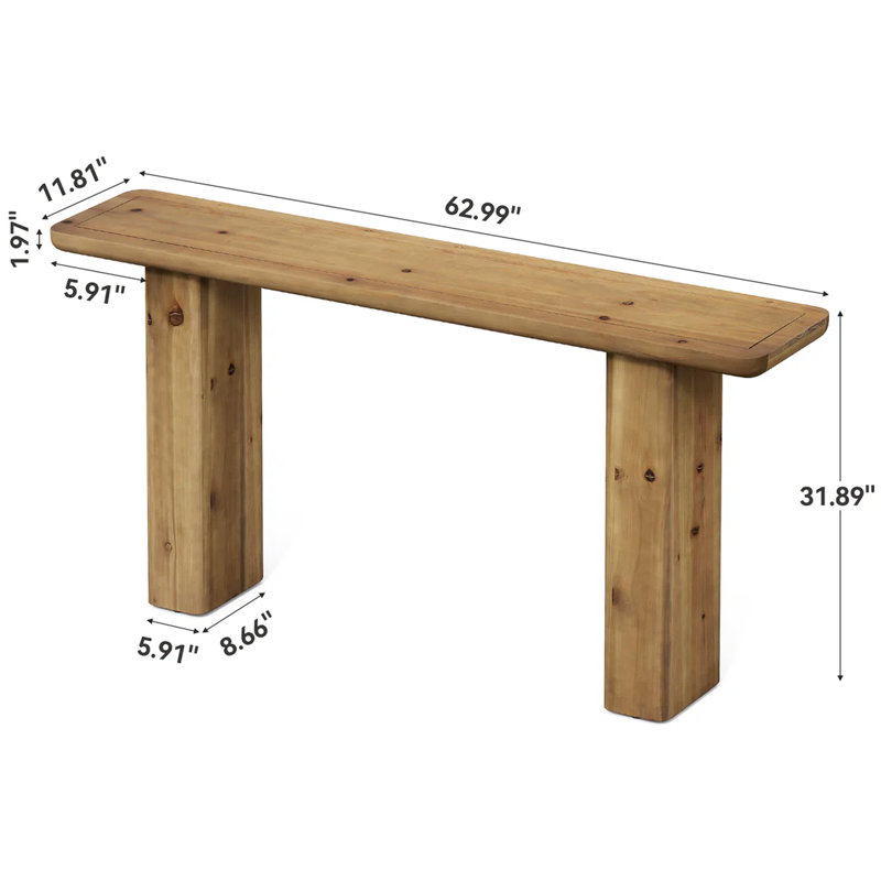 Console unique de 160 cm de profondeur, structure en bois massif, grand espace de rangement et éléments de décoration intérieure soignés, alliant style rustique et moderne.
