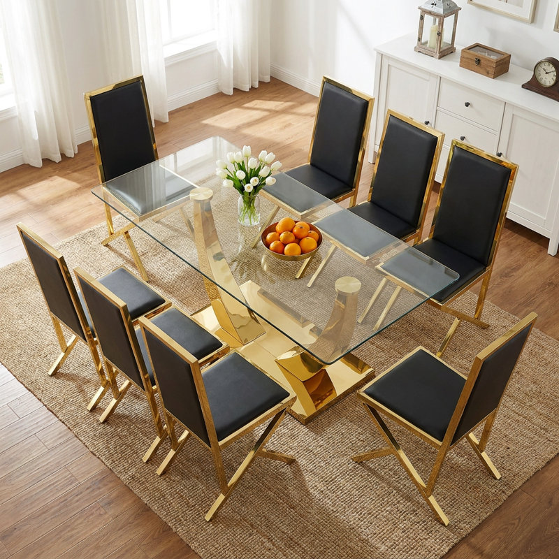 Ensemble de salle à manger 9 pièces Rita, 9 Pieces: Table, 8 Chairs, Black/Gold, Gold