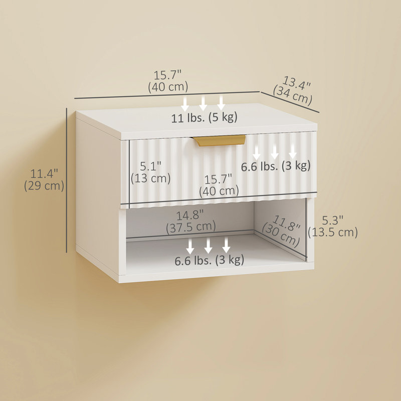 Ensemble de 2 tables de chevet flottantes avec tiroir cannelé, Blanc