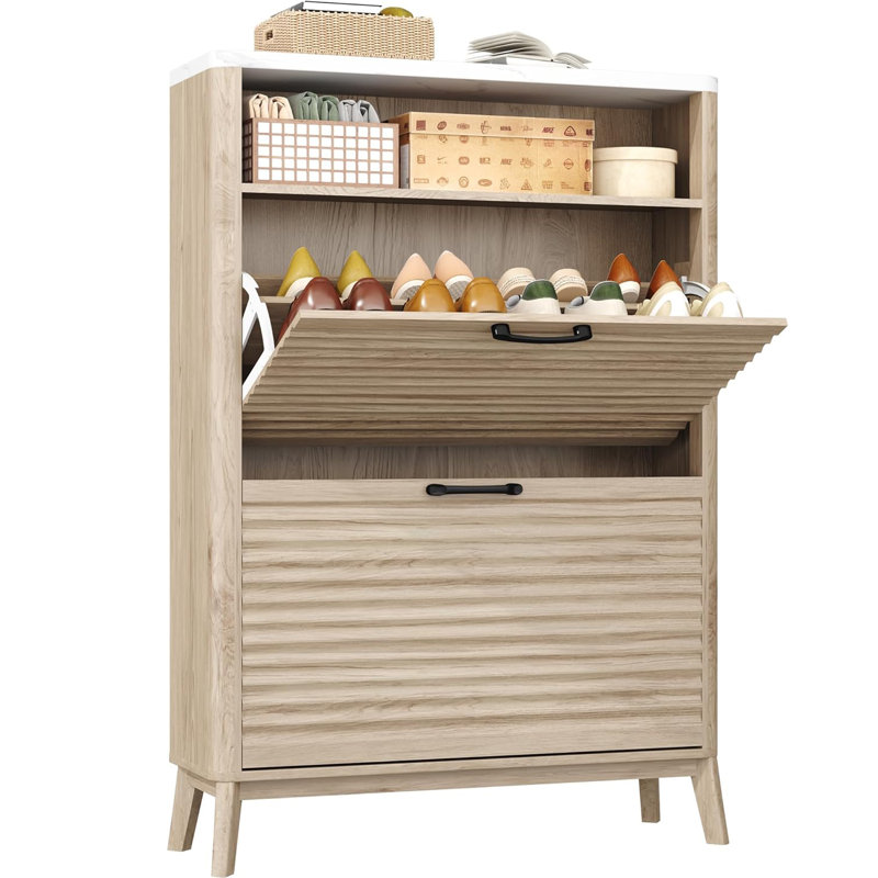 Fluted Shoe Storage Cabinet With 2 Flip Drawers