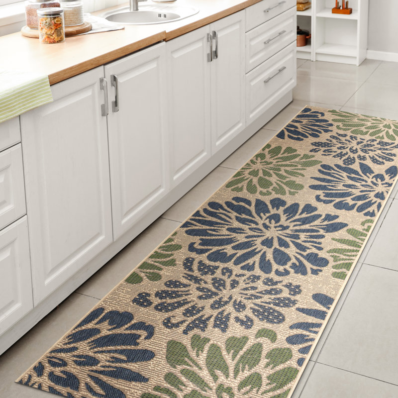 Hagy Modern Floral Textured Weave Navy/Green Indoor/Outdoor Rug, Runner 2'2" x 8'