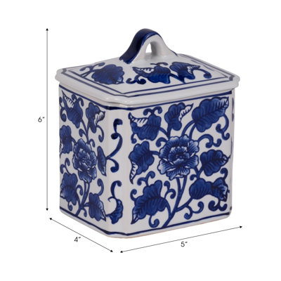 Goldene Ceramic Jar Stoneware Boho Pattern Indoor Home Office Bedroom Living Room Decor - 6" Blue & White