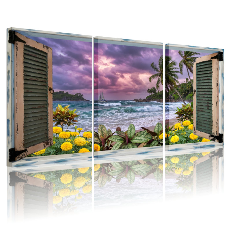 Paysage et nature Scène de plage tropicale avec des volets ouverts, H 24 po x l 48 po