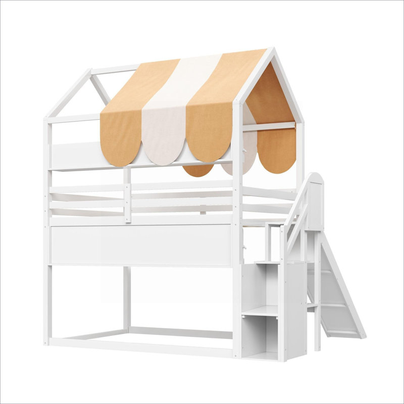 Full Sized Bunk Bed Playhouse Style With Canopy Slide Built-In Bookshelves Solid Wood White Finish, White