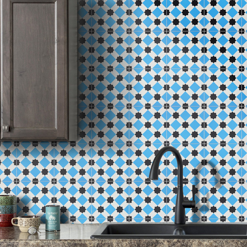Ait Baha 8" x 8" Cement Patterned Wall & Floor Tile, Blue/Black